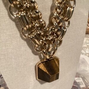 Gold Statement Necklace with Tiger Eye Stone Pendant